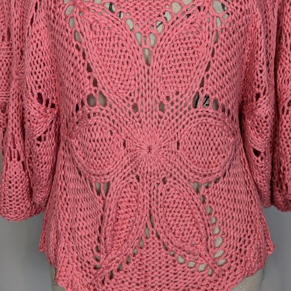 Vintage Chaudry KC Floral Open Knit Boho Crochet Sweater Pink - Picture 11 of 11